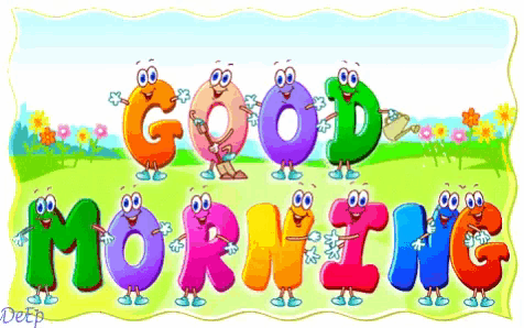 a cartoon illustration of the words good morning with letters holding flowers