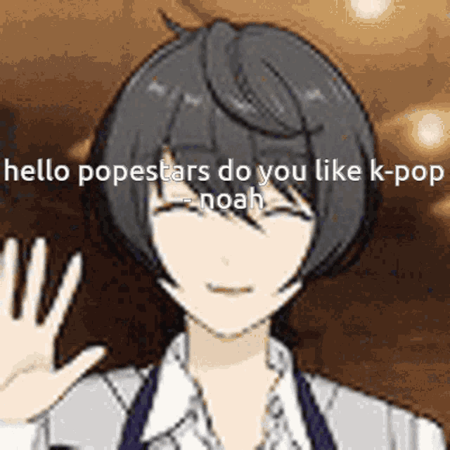 a cartoon of a person waving with the words hello popestars do you like k-pop