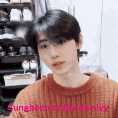 a young man wearing a sweater is standing in front of a shoe rack and says sunghoon todito de nivy .