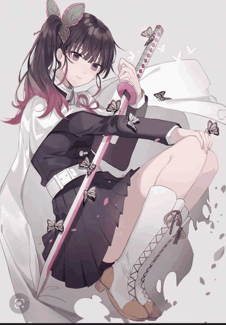 a girl is holding a sword with butterflies around her
