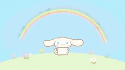 cinnamoroll is sitting on a hill in front of a ferris wheel and rainbow .