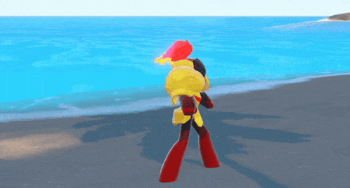 a cartoon character is standing on a beach looking out to the ocean
