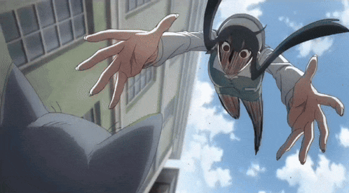 a cartoon character is flying through the air and reaching for something