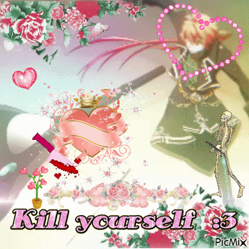a picture of a skeleton and a heart that says kill yourself