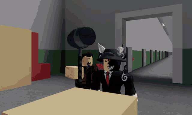 a man in a suit and tie stands next to another man in a hat