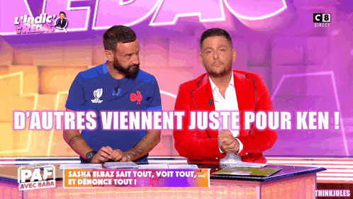 two men sitting at a table with the words d' autres viennent juste pour ken