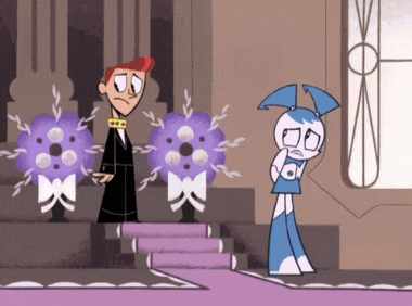 a cartoon of a man and a girl standing next to each other with purple flowers in the background