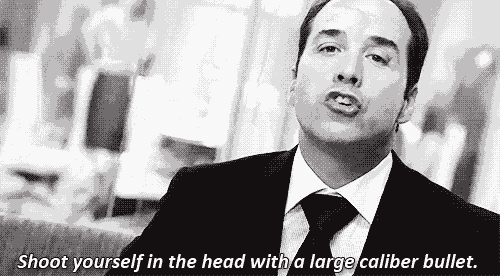 a man in a suit and tie says shoot yourself in the head with a large caliber bullet .