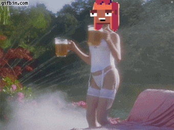 a pixelated image of a woman holding a beer with the website gifbin.com in the lower right corner