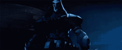 a video game character is standing in the dark with a gun .