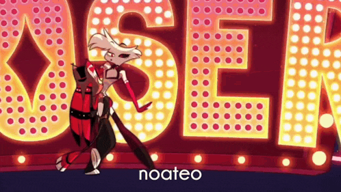 a cartoon character is dancing in front of a large neon sign that says ' oscar ' .