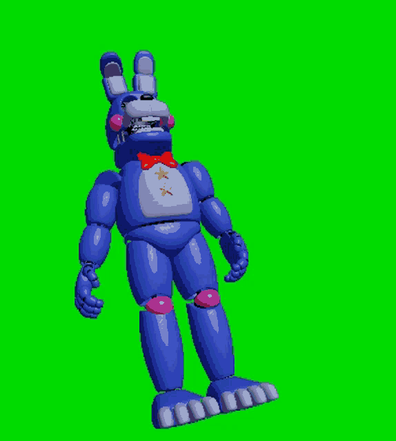 a blue bunny with a bow tie and stars on his chest stands on a green screen