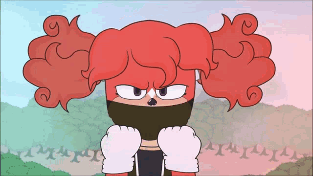 a cartoon of a girl with red hair covering her face with her hands