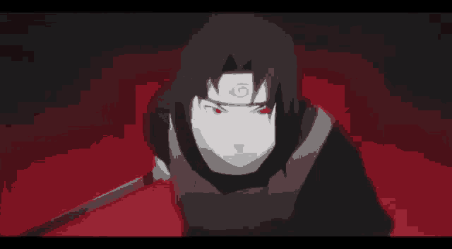 itachi uchiha from naruto is holding a sword in his hand in a black and white drawing .