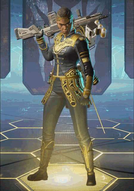 a woman in a black and gold outfit holds a rifle