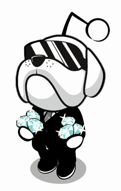 a cartoon dog wearing a suit and tie is holding a bunch of diamonds