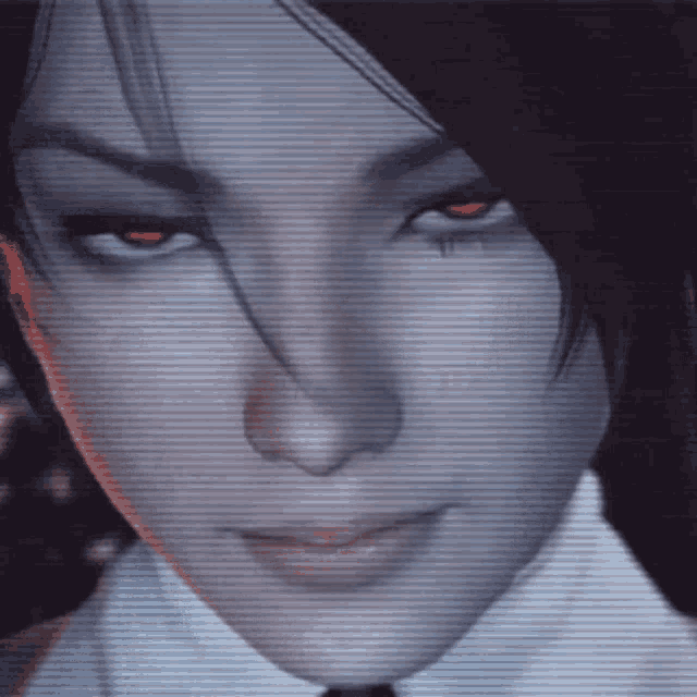a close up of a woman 's face with red eyes and a white shirt
