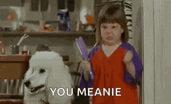 a little girl is standing next to a white poodle holding a brush and saying `` you meanie '' .