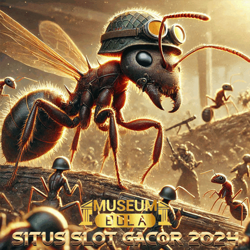 a giant ant wearing a helmet and goggles is surrounded by ants