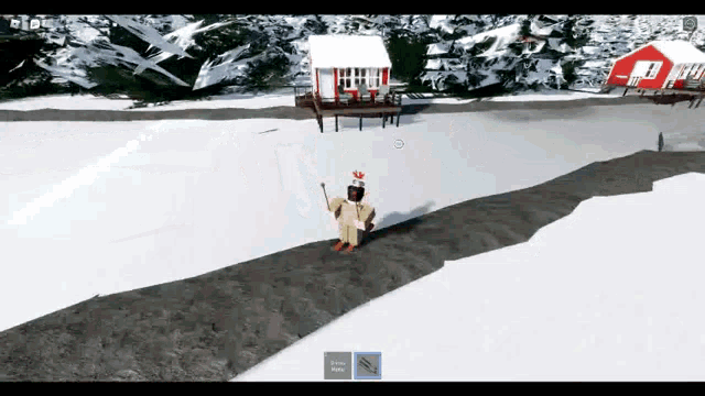 a person in a video game is standing in front of a small house in the snow