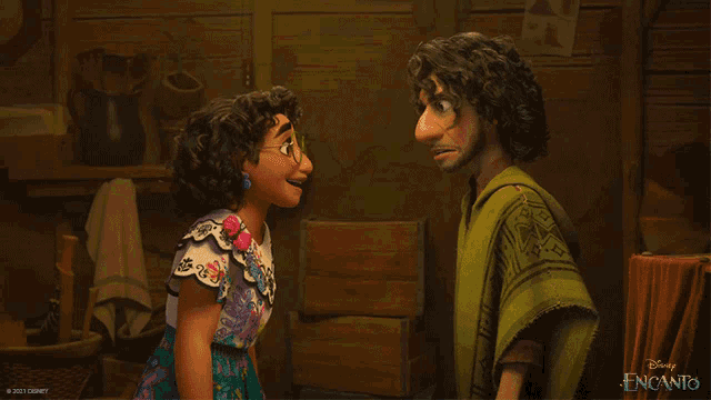 a couple of cartoon characters standing next to each other with a disney logo in the corner
