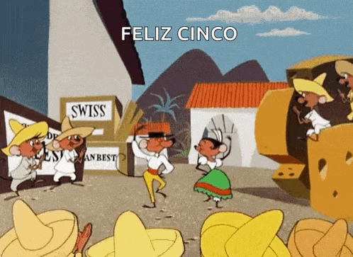 a cartoon scene with a sign that says feliz cinco