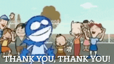 a cartoon character is standing in front of a group of people and says thank you
