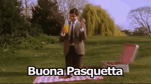 a man in a suit and tie is standing on a picnic blanket with the words buona pasquetta written below him