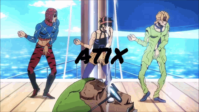 three anime characters are dancing in front of a sign that says atix