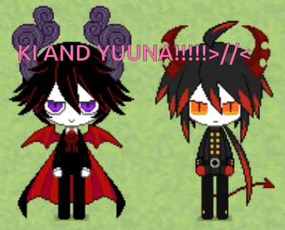 a pixel art drawing of two demons with the words ki and yuuna written above them