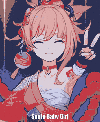 a girl with pink hair is smiling and giving a peace sign with the words smile baby girl below her