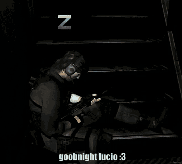 a video game character is sitting on a set of stairs with the words goobnight lucio 3 on the bottom