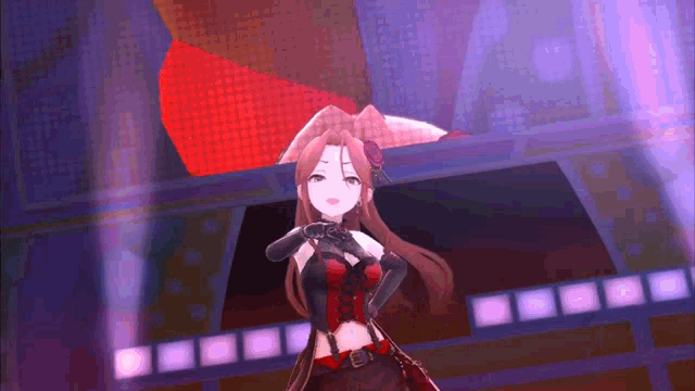 a girl in a red corset and black gloves is standing on a stage