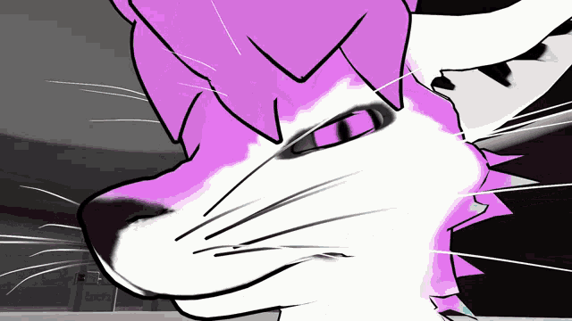 a close up of a cartoon cat 's face with pink and white hair