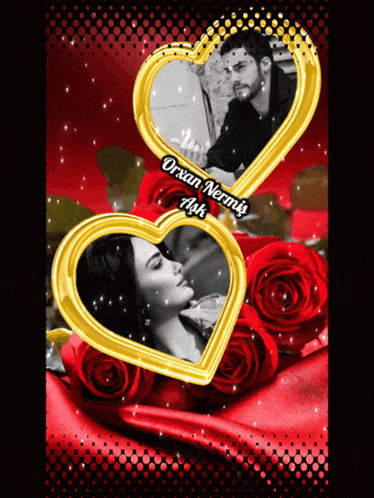 a picture of a man and a woman in heart shaped frames with the name orxan nemis written on the bottom