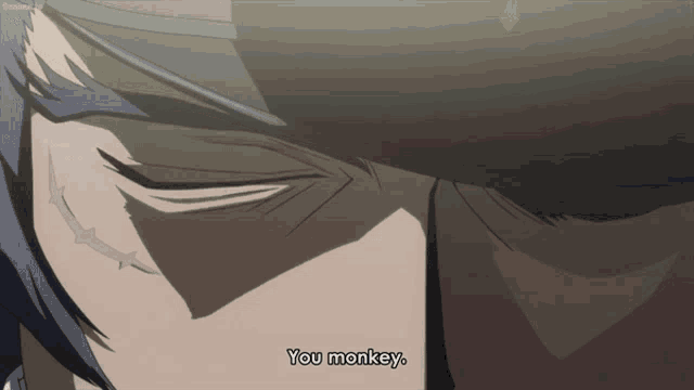 a close up of a person 's face with the words " you monkey " written below it