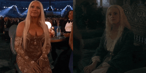 a woman with long blonde hair is sitting next to another woman