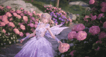 a fairy in a purple dress is standing in a garden