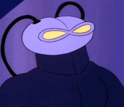 a cartoon character wearing a purple mask with a yellow eye
