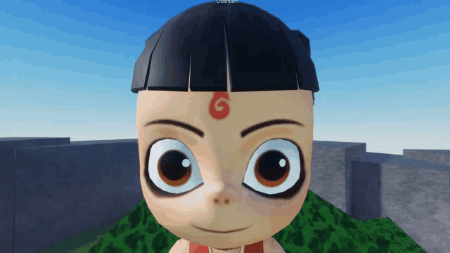 a close up of a cartoon character with a g on his forehead