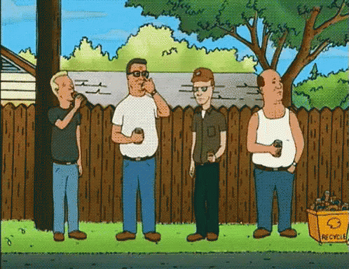 The Gang Standing And Drinking In Front Of The Fance - King Of The Hill GIF - King Of The Hill Drinking Fence GIFs