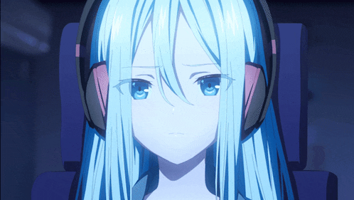 a blue haired anime character with headphones on her ears