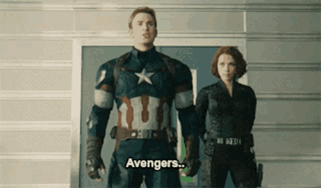 a man in a captain america uniform stands next to a woman in a black suit and says avengers