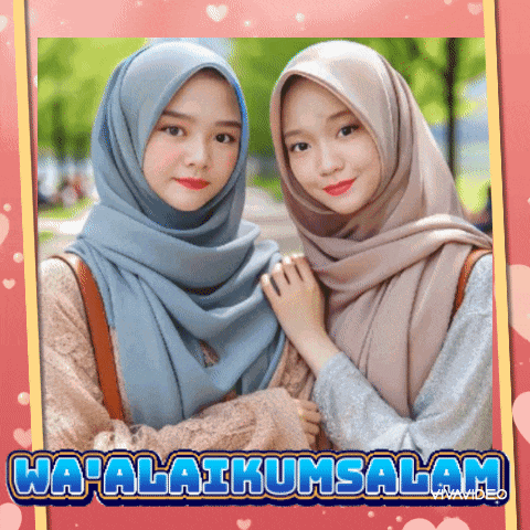 two women wearing hijabs are standing next to each other on a pink background with the words wa'alaikumsalam