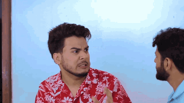 a man with a beard wearing a red floral shirt talks to another man