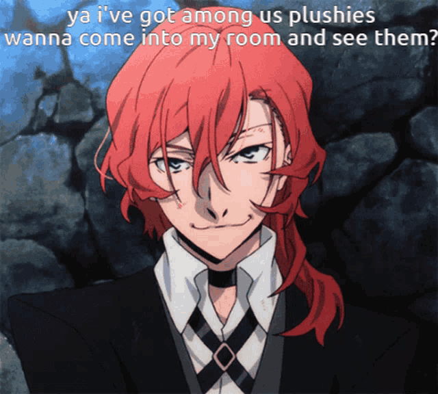 a man with red hair is smiling and says ya i 've got among us plushies