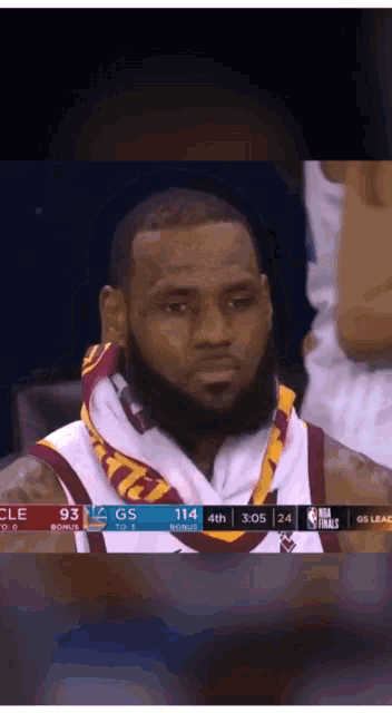 a basketball player wearing a scarf around his neck is sitting in the stands