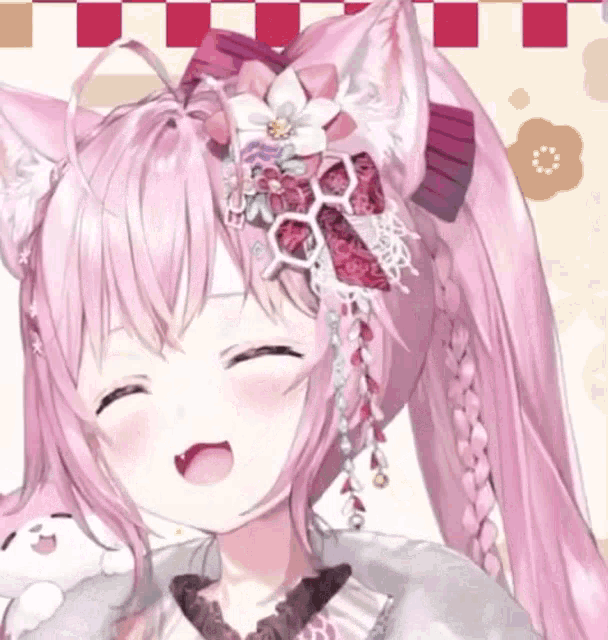 a girl with pink hair and a flower in her hair