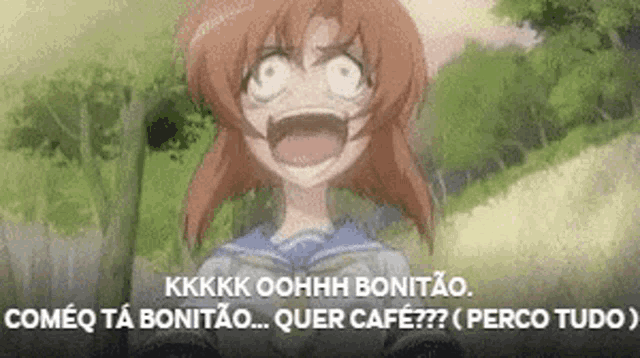 a cartoon of a girl with her mouth open and the words comeq ta bonitao quer cafe on the bottom