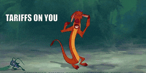 a cartoon of a dragon with the words " tariffs on you " on the bottom